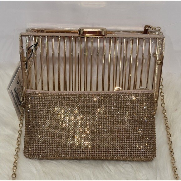 Zara Limited Edition Rhinestones Metallic Golden Cage Style Box Clutch Bag Chain - Picture 13 of 14